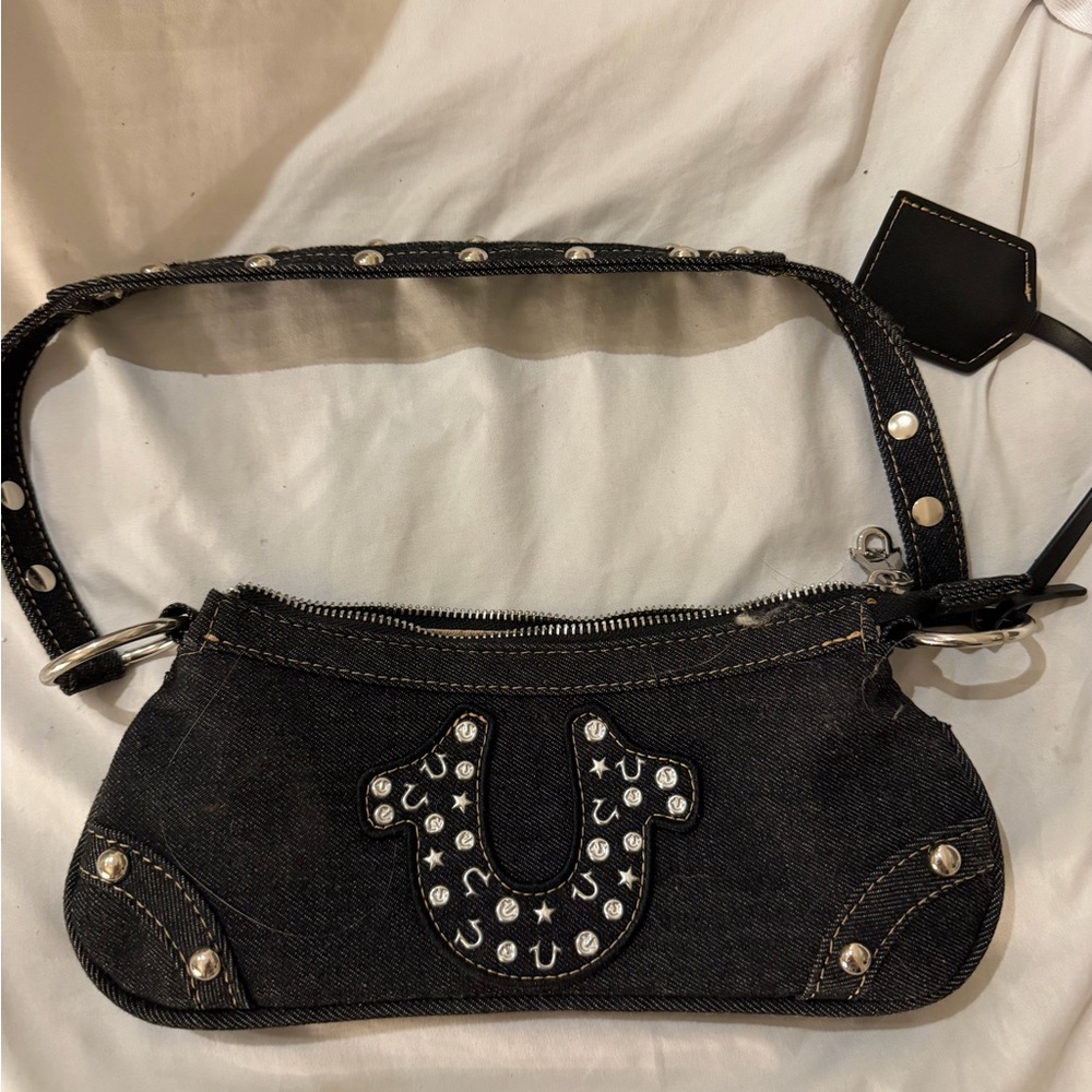 True Religion Black Studded Denim Shoulder Bag